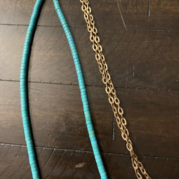 Teal Wooden Bead Necklace Hammered Gold Colored Charm - Picture 3 of 5